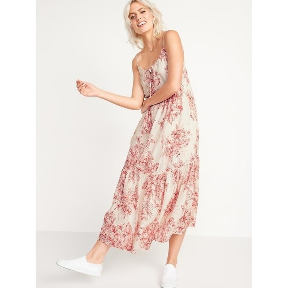 Old Navy Women Boho Cottage Floral Tiered Maxi Swing Dress Size L Red Sundress
